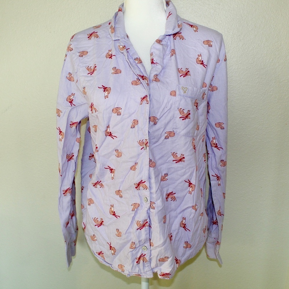 Victoria Secret Purple with Fox Design Button Up Pajama Top - Size Small